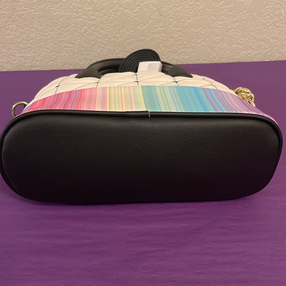 New  Betsy Johnson Satchel Crossbody Purse White Quilted Top with Rainbow Bottom - Picture 5 of 8